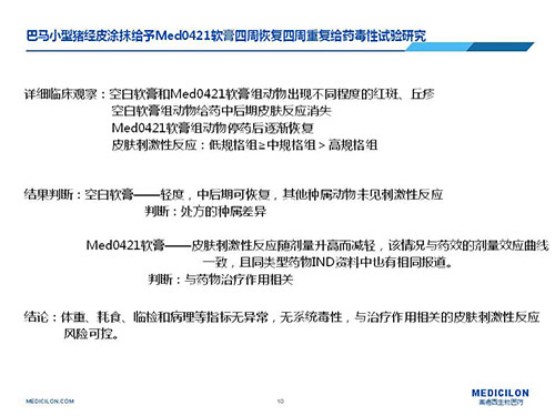 巴马小型猪经皮涂抹给予Med0421软膏，四周恢复、四周重复给药毒性试验研究